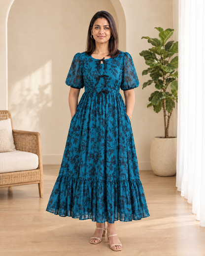 Teal Reverie Chiffon Midi Dress
