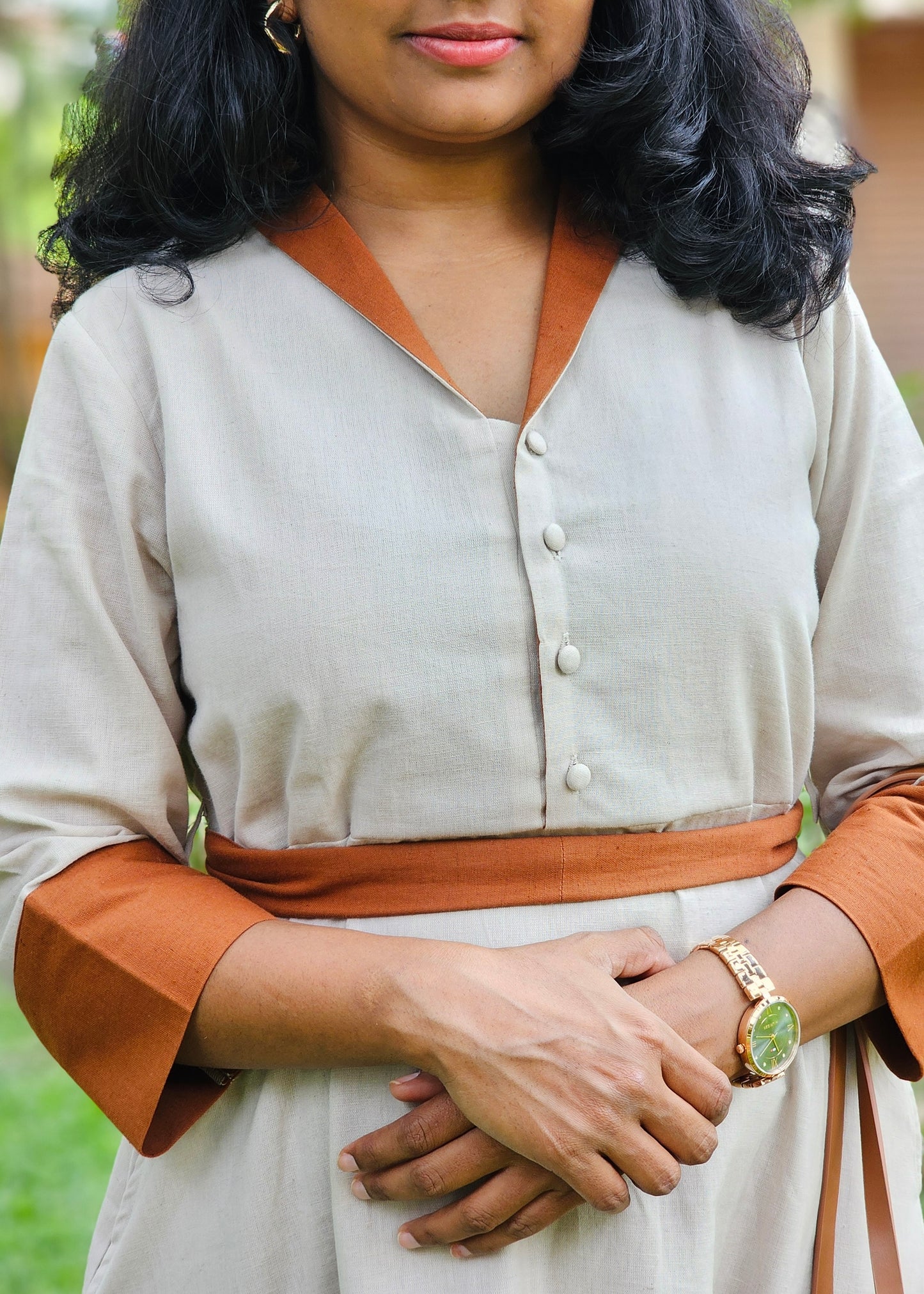 Cotton Linen Midi Dress with Collar, Pockets-Ivory Colour – Office Wear – Ready to Ship