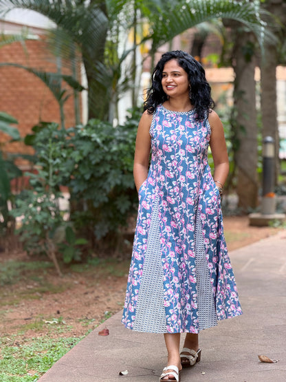 Nessa Gray Floral Panelled Cotton Midi Dress