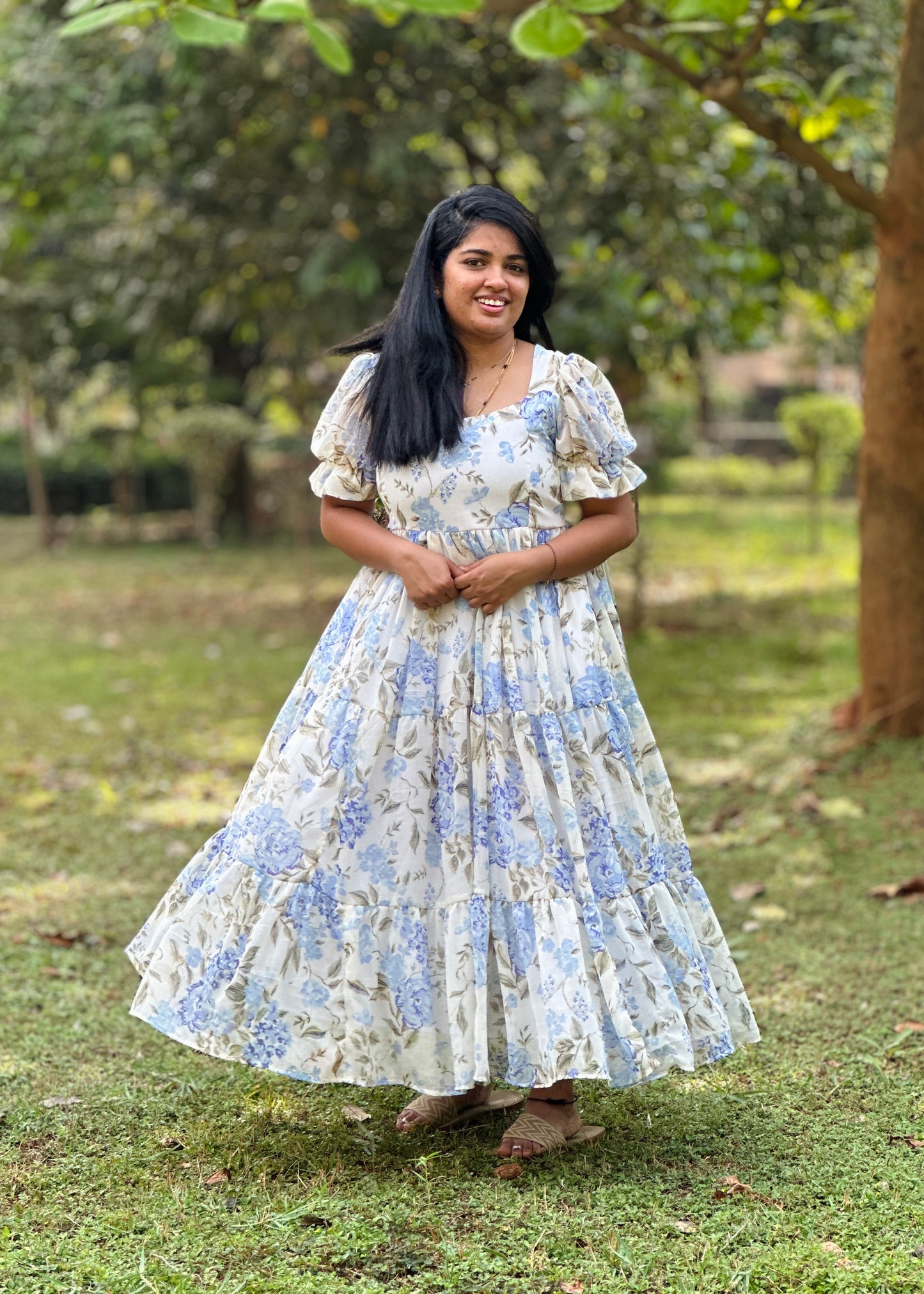 Iriselle White and Blue Floral  3 Tiered Dress