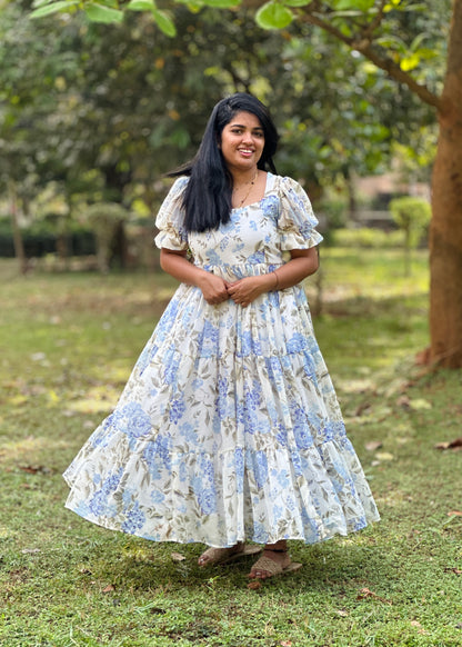 Iriselle White and Blue Floral  3 Tiered Dress