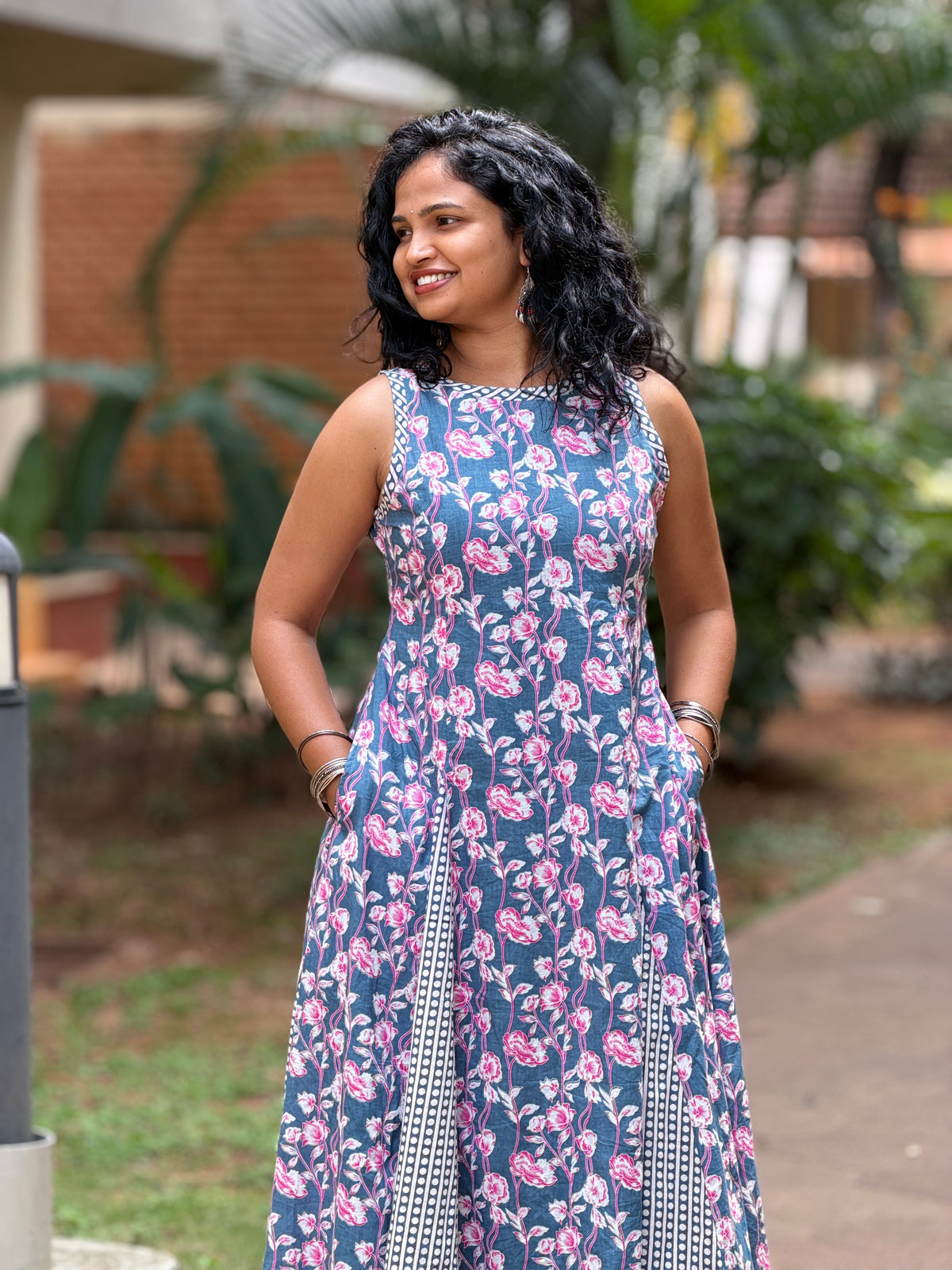 Nessa Gray Floral Panelled Cotton Midi Dress
