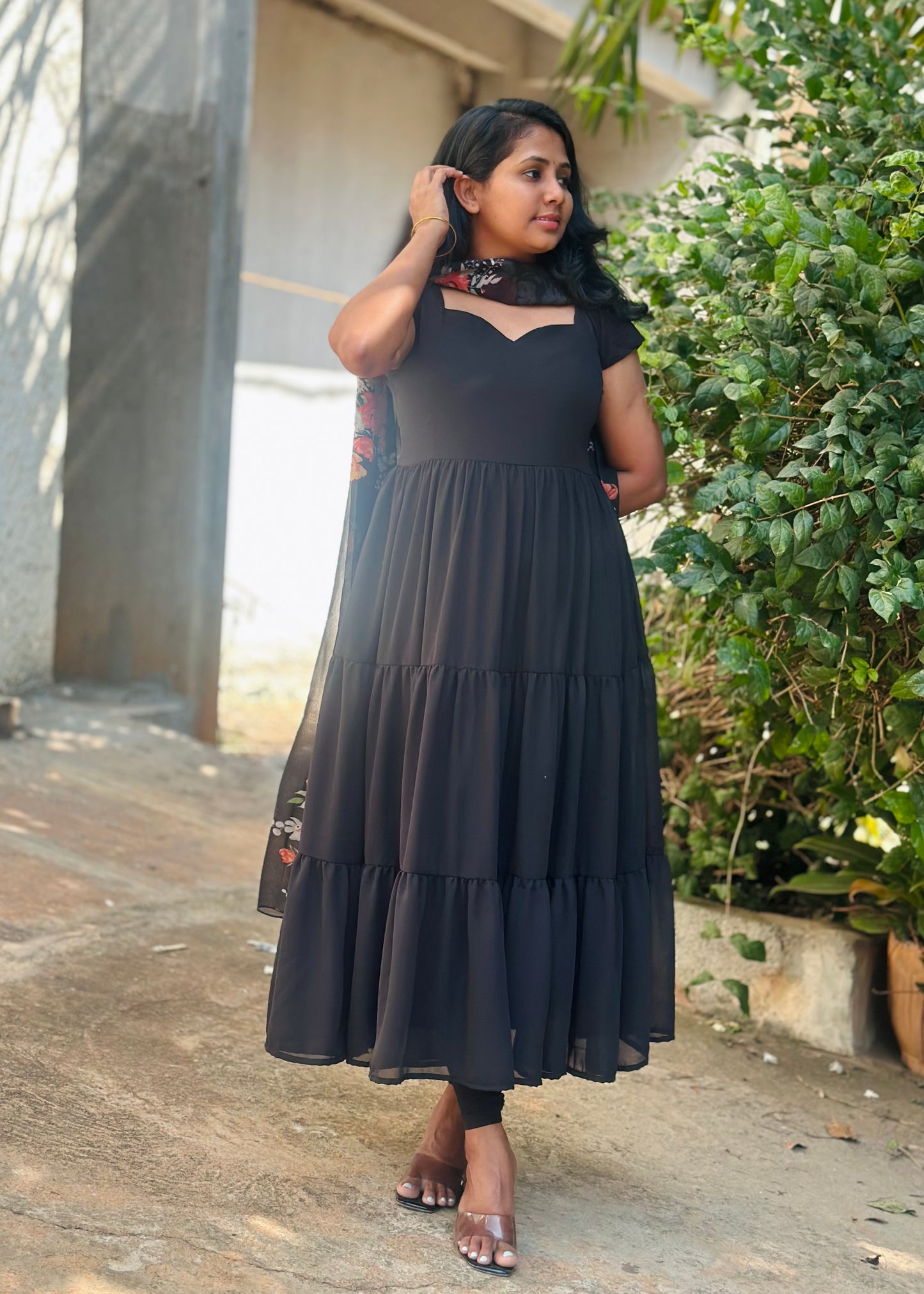Black Tiered Anarkali with printed dupatta