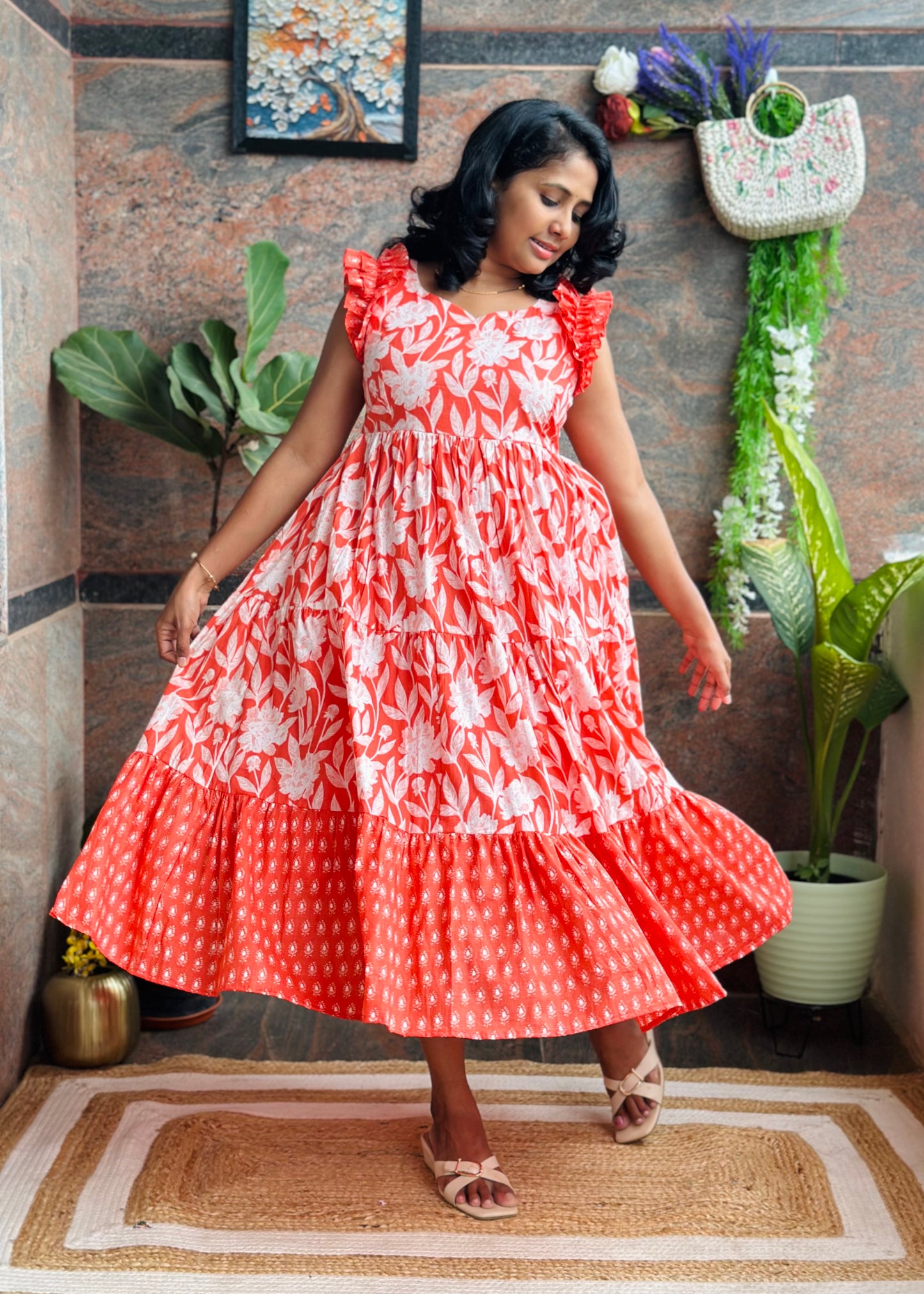 Coral Crush Cotton Midi Dress