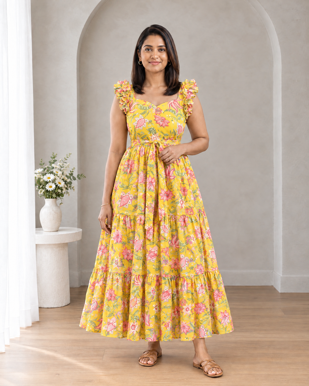 Sunlit Bloom Floral Ruffle Shoulder Chiffon Dress