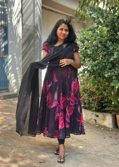 Black with Pink feather print Anarkali