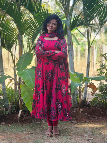 Berry Pink Floral Print Anarkali