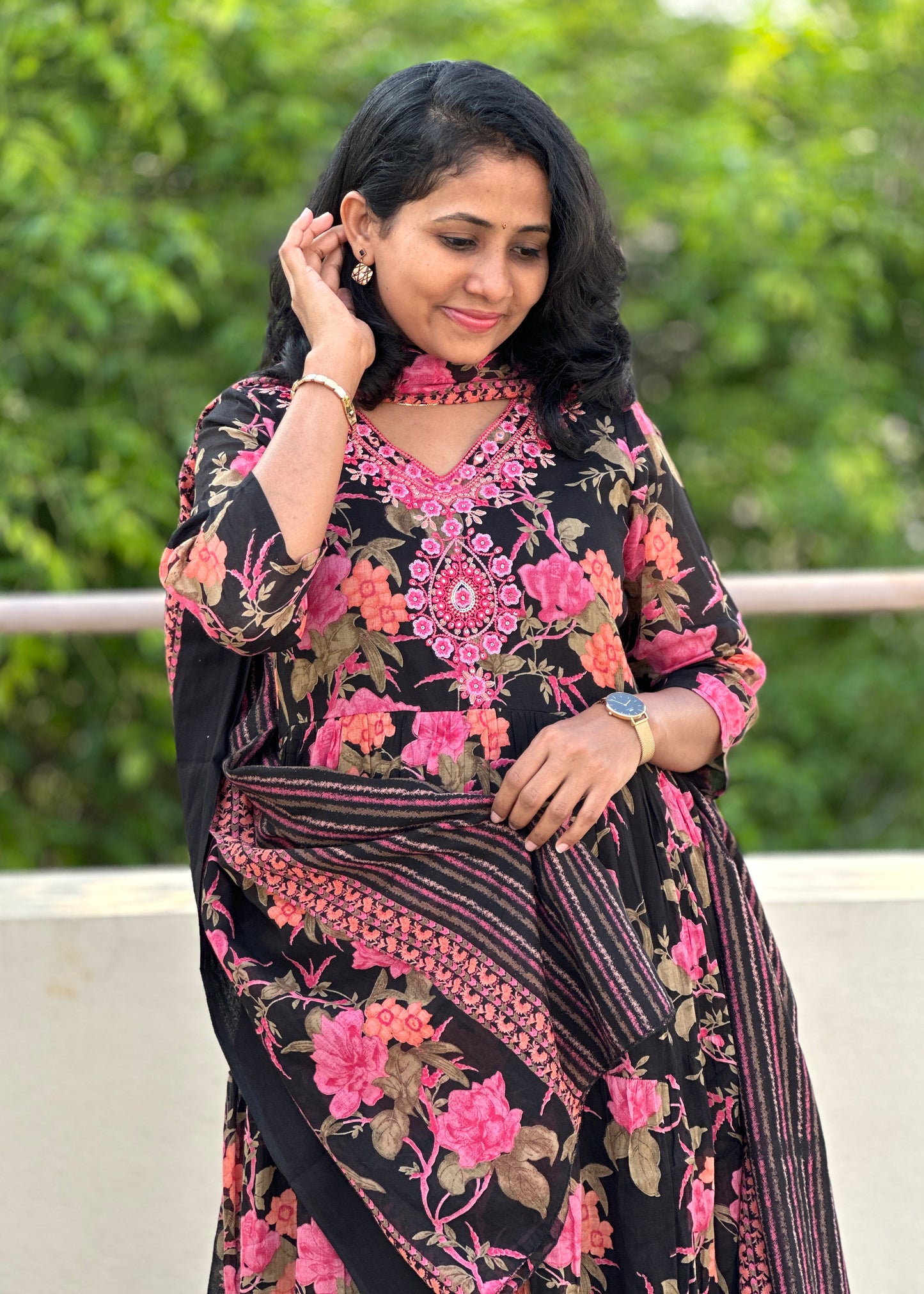 Black Floral Mul Mul Kurta Set