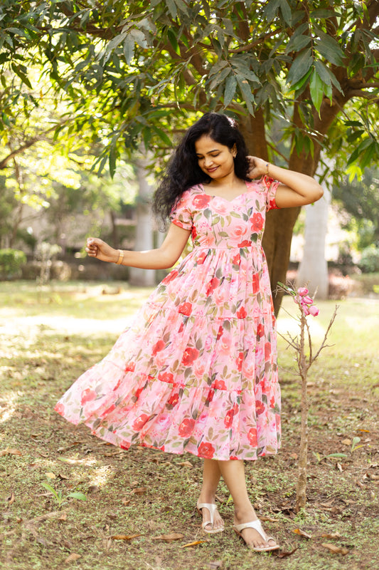Peach Glow 3 tiered Midi Dress
