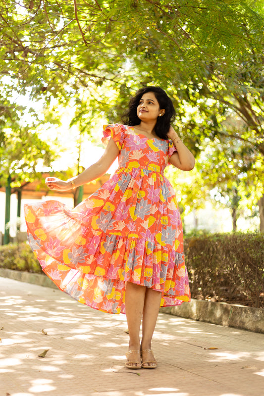 Tangerine Blossom High Low Cotton Dress