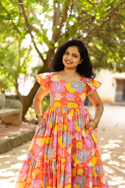 Tangerine Blossom High Low Cotton Dress