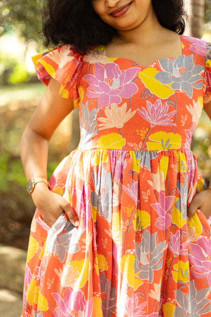 Tangerine Blossom High Low Cotton Dress