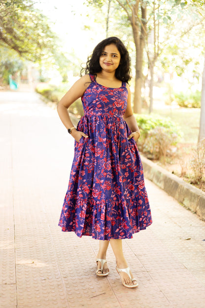 Indigo Charm Floral Sleeveless Midi Dress