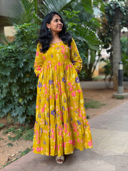 Gia Cotton Maxi Dress — Yellow Floral Print