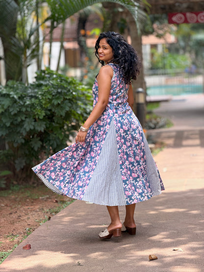 Nessa Gray Floral Panelled Cotton Midi Dress