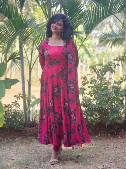 Berry Pink Floral Print Anarkali