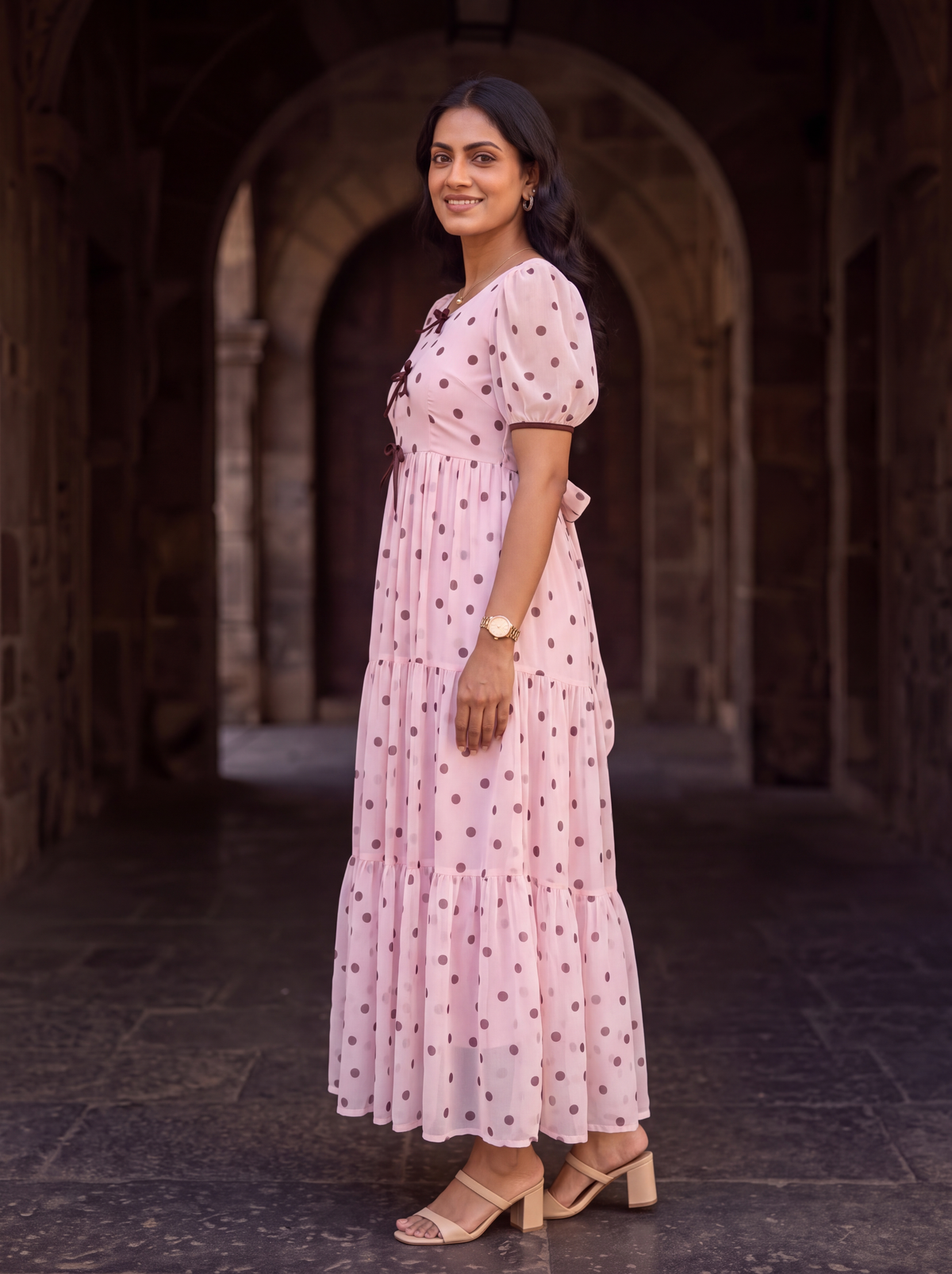 Maribel Blush Pink Polka Dot Chiffon Midi Dress