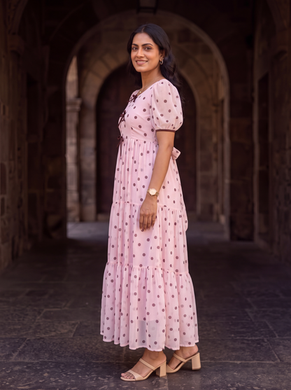 Maribel Blush Pink Polka Dot Chiffon Midi Dress