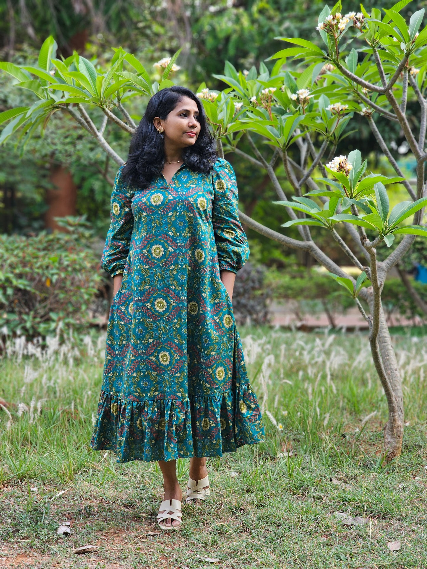 Forest Muse A line Cotton Midi Dress