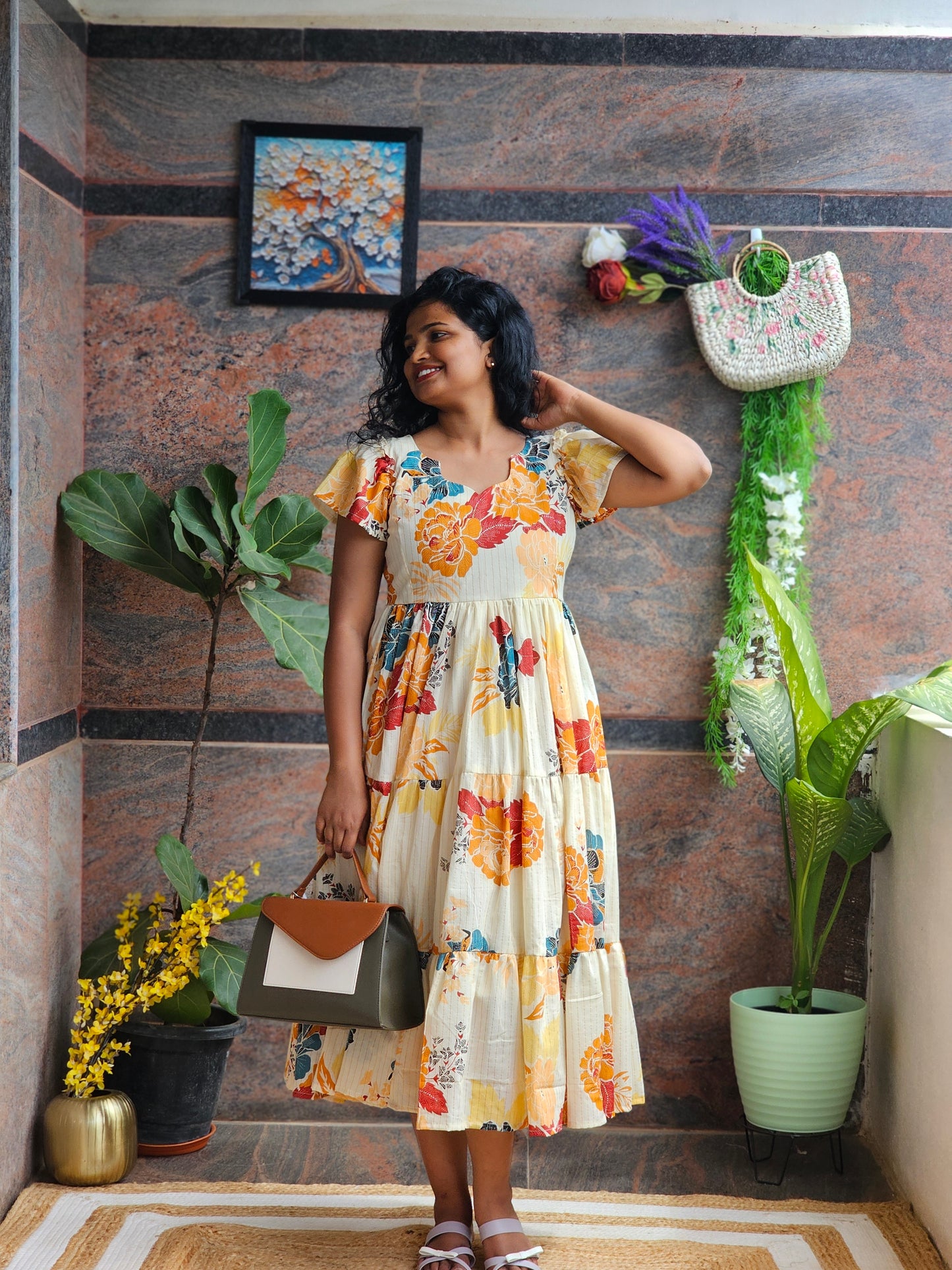 Golden Bloom Cotton Midi Dress