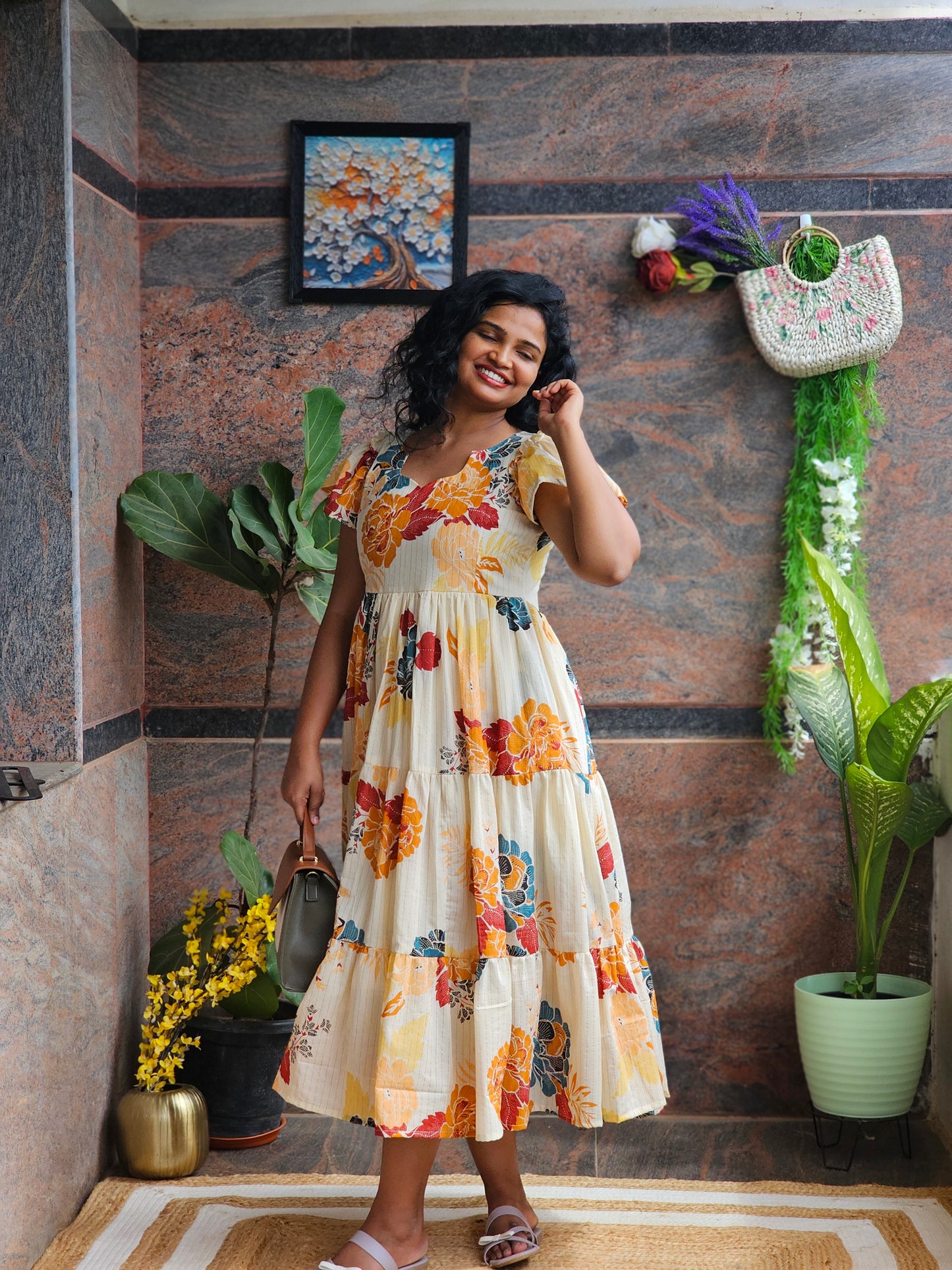 Golden Bloom Cotton Midi Dress