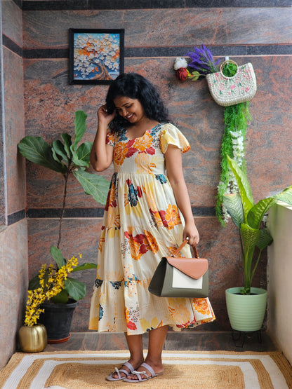 Golden Bloom Cotton Midi Dress