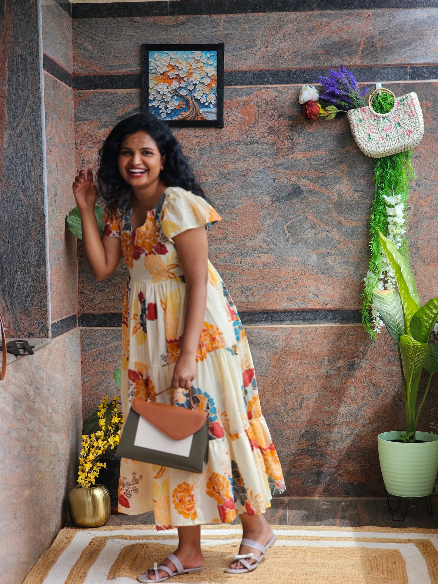 Golden Bloom Cotton Midi Dress