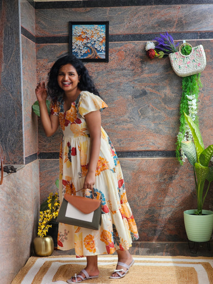 Golden Bloom Cotton Midi Dress