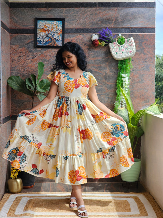 Golden Bloom Cotton Midi Dress