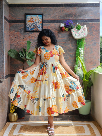 Golden Bloom Cotton Midi Dress