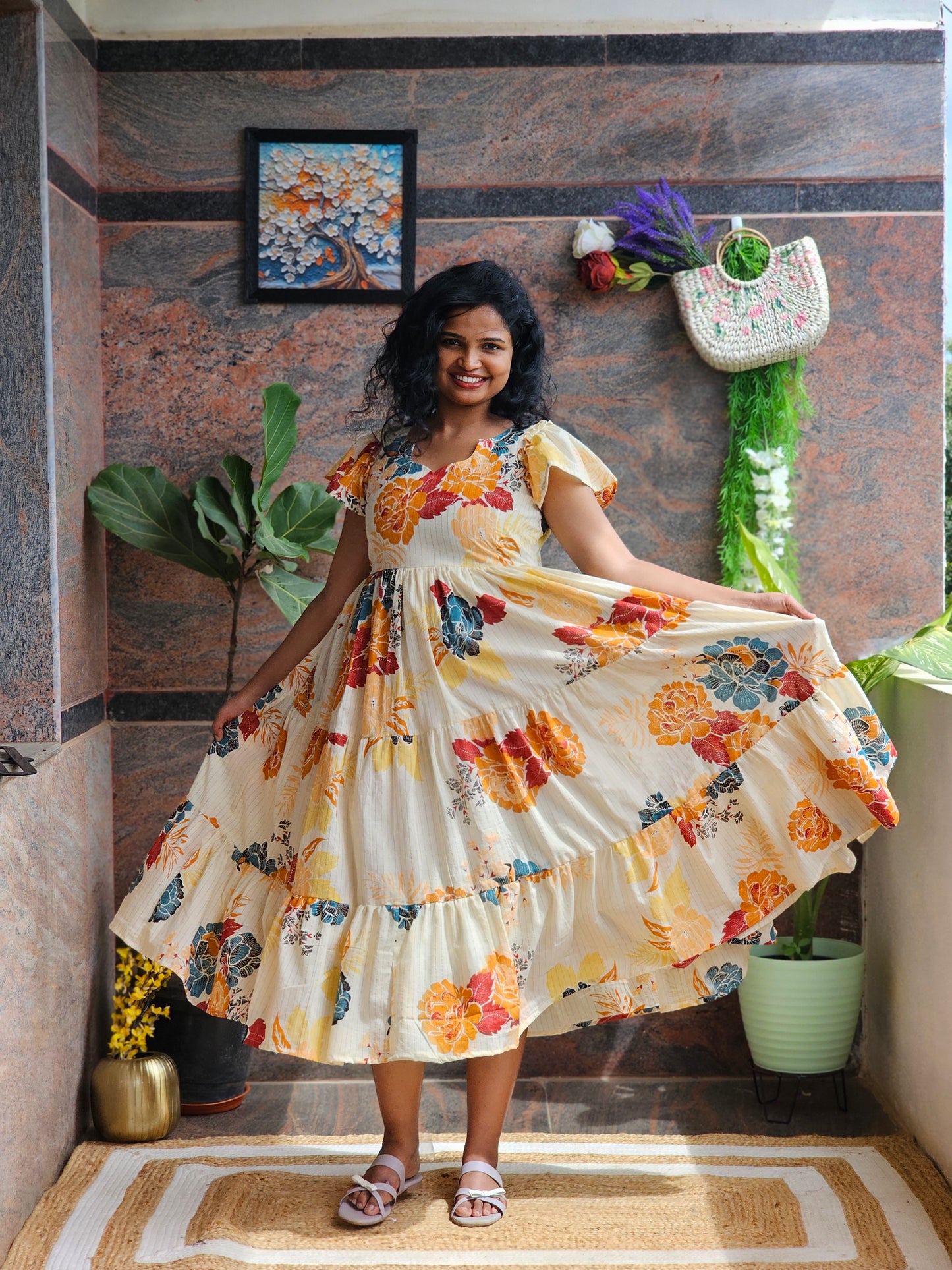 Golden Bloom Cotton Midi Dress