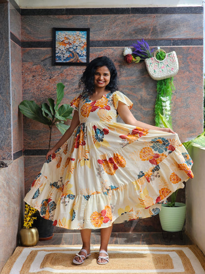 Golden Bloom Cotton Midi Dress