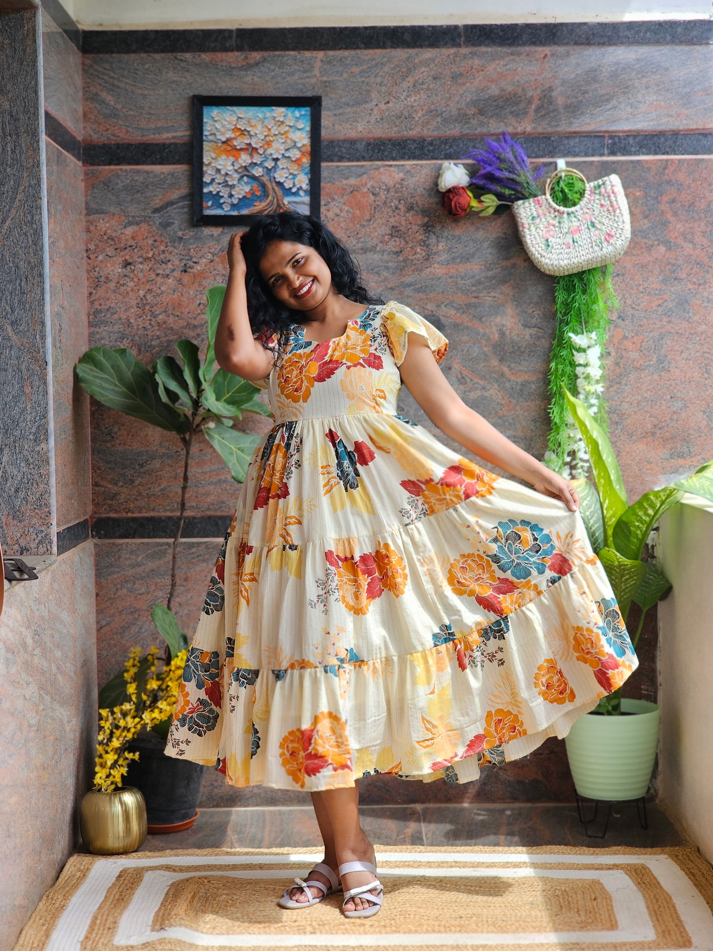 Golden Bloom Cotton Midi Dress