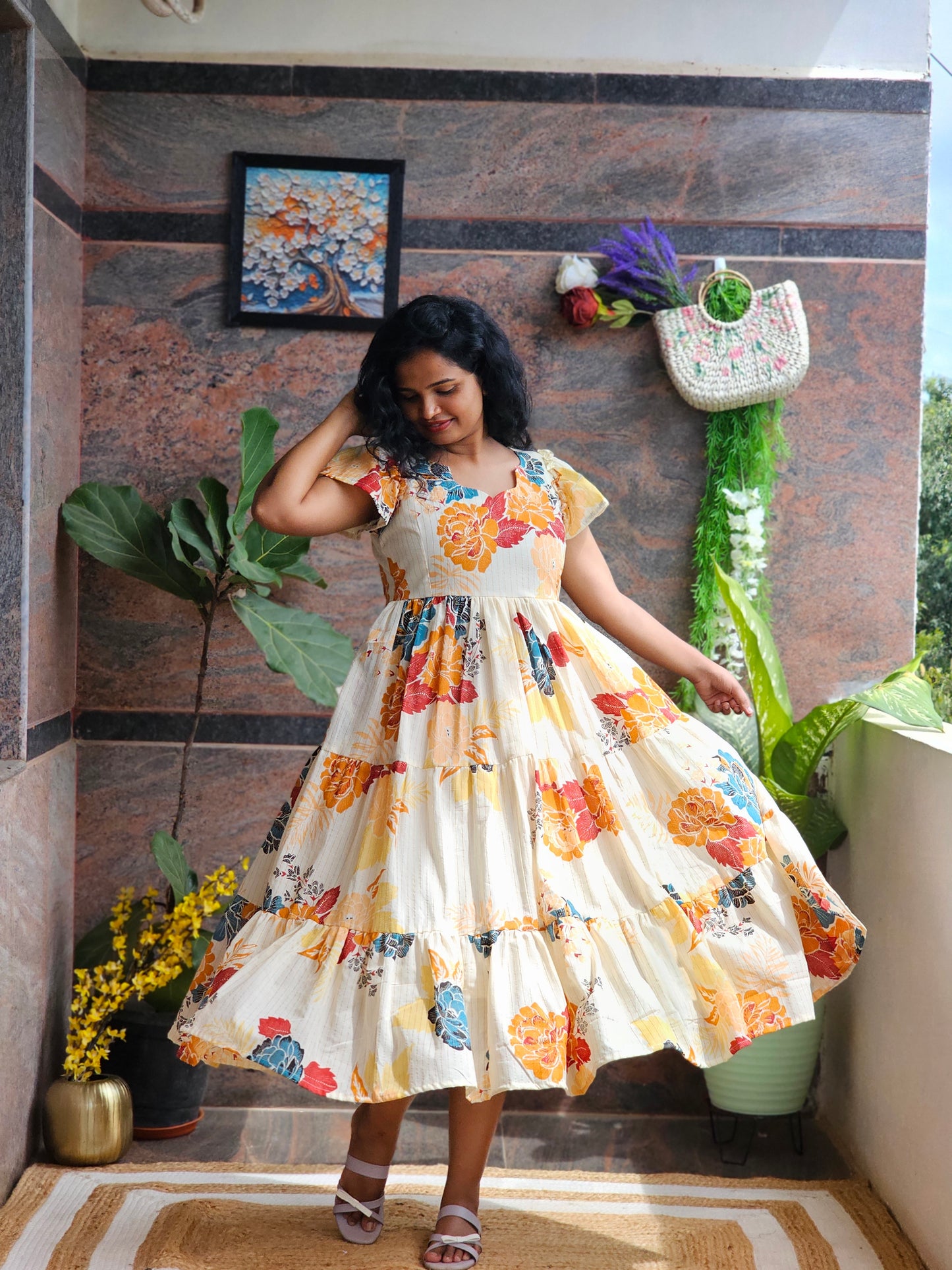 Golden Bloom Cotton Midi Dress