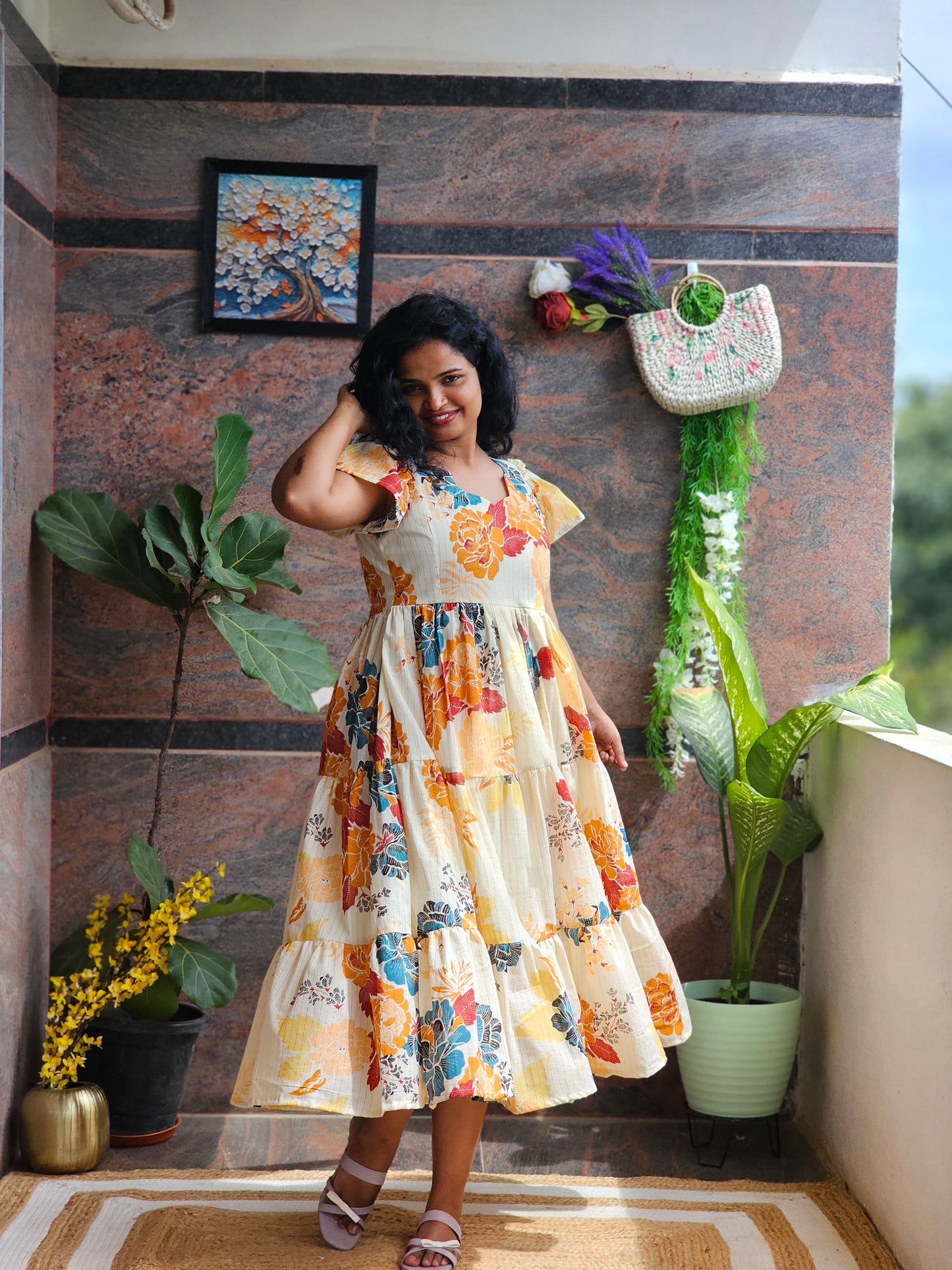 Golden Bloom Cotton Midi Dress