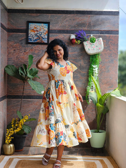 Golden Bloom Cotton Midi Dress