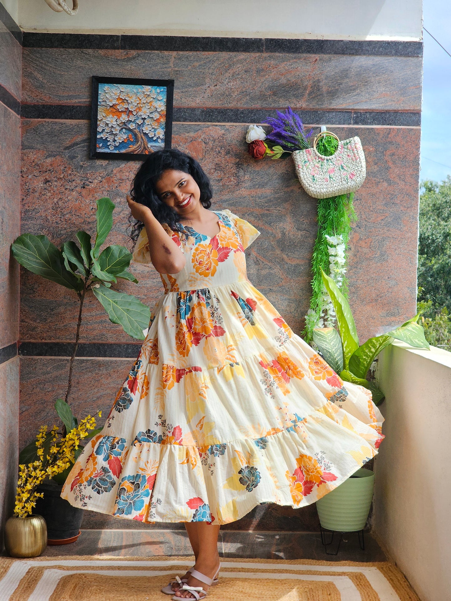 Golden Bloom Cotton Midi Dress