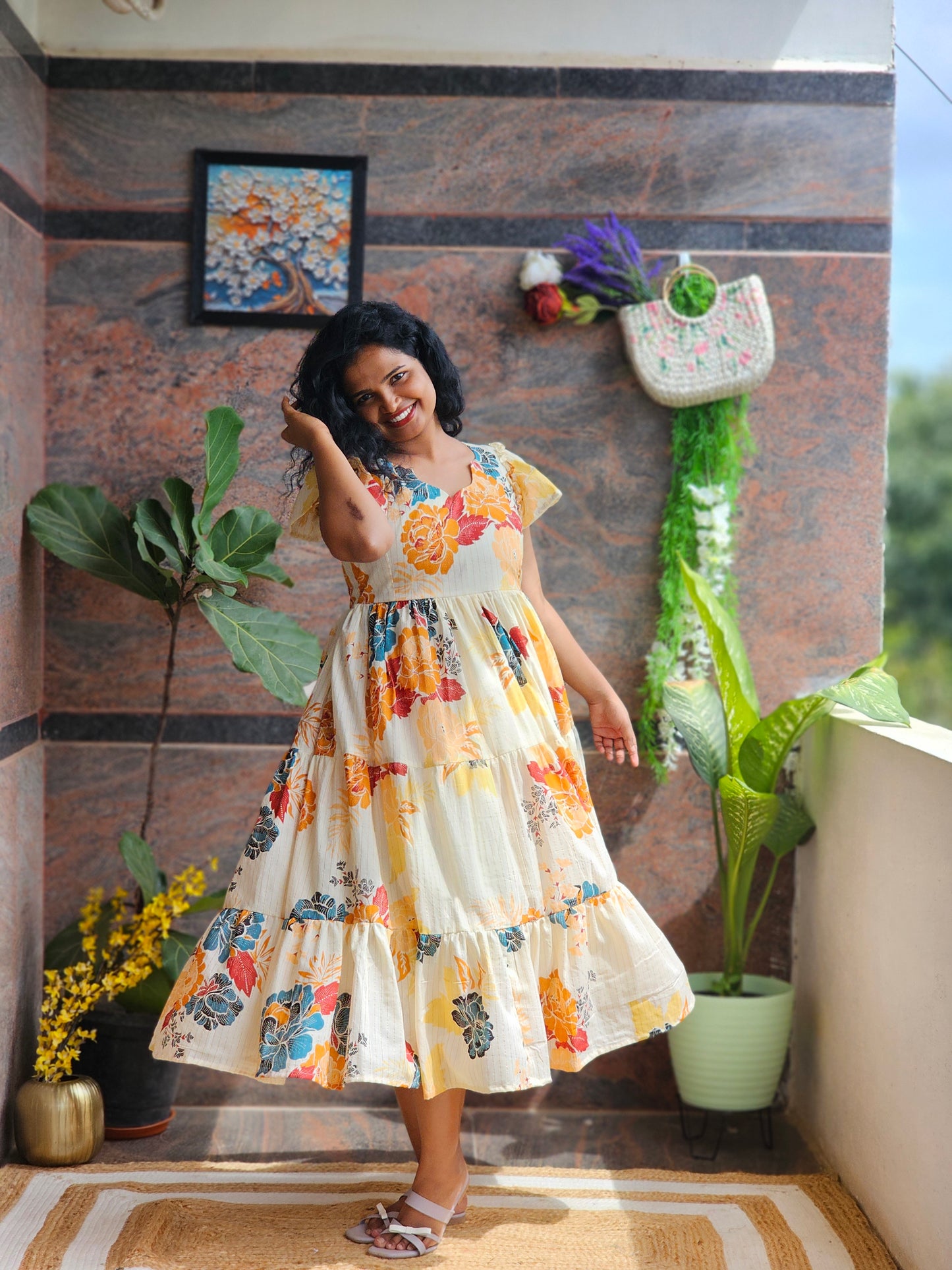 Golden Bloom Cotton Midi Dress