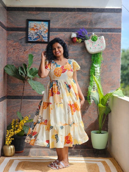 Golden Bloom Cotton Midi Dress