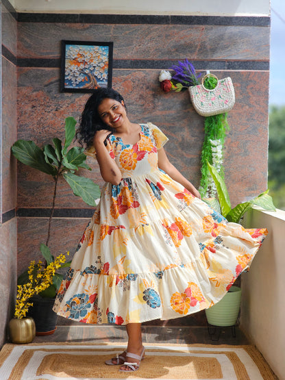Golden Bloom Cotton Midi Dress