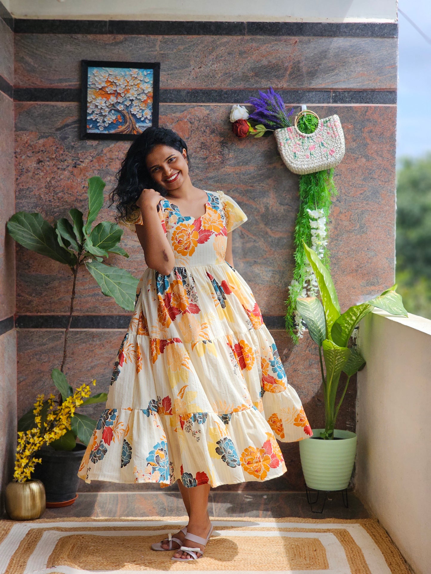 Golden Bloom Cotton Midi Dress