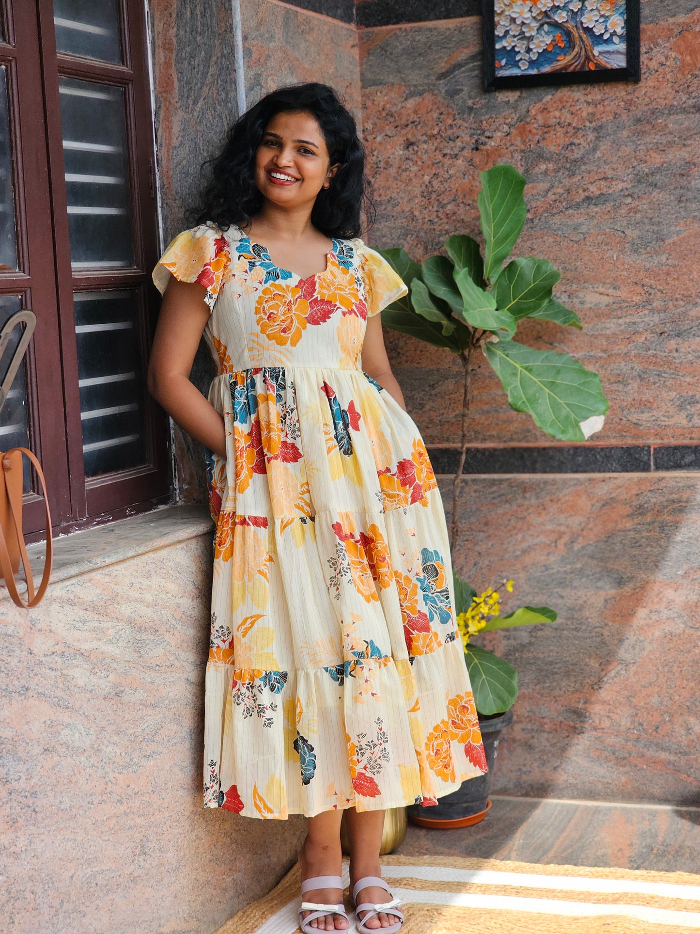 Golden Bloom Cotton Midi Dress