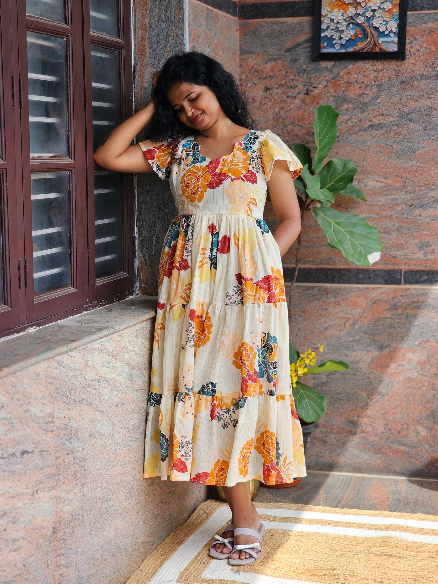 Golden Bloom Cotton Midi Dress