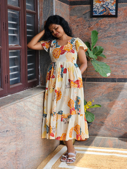 Golden Bloom Cotton Midi Dress