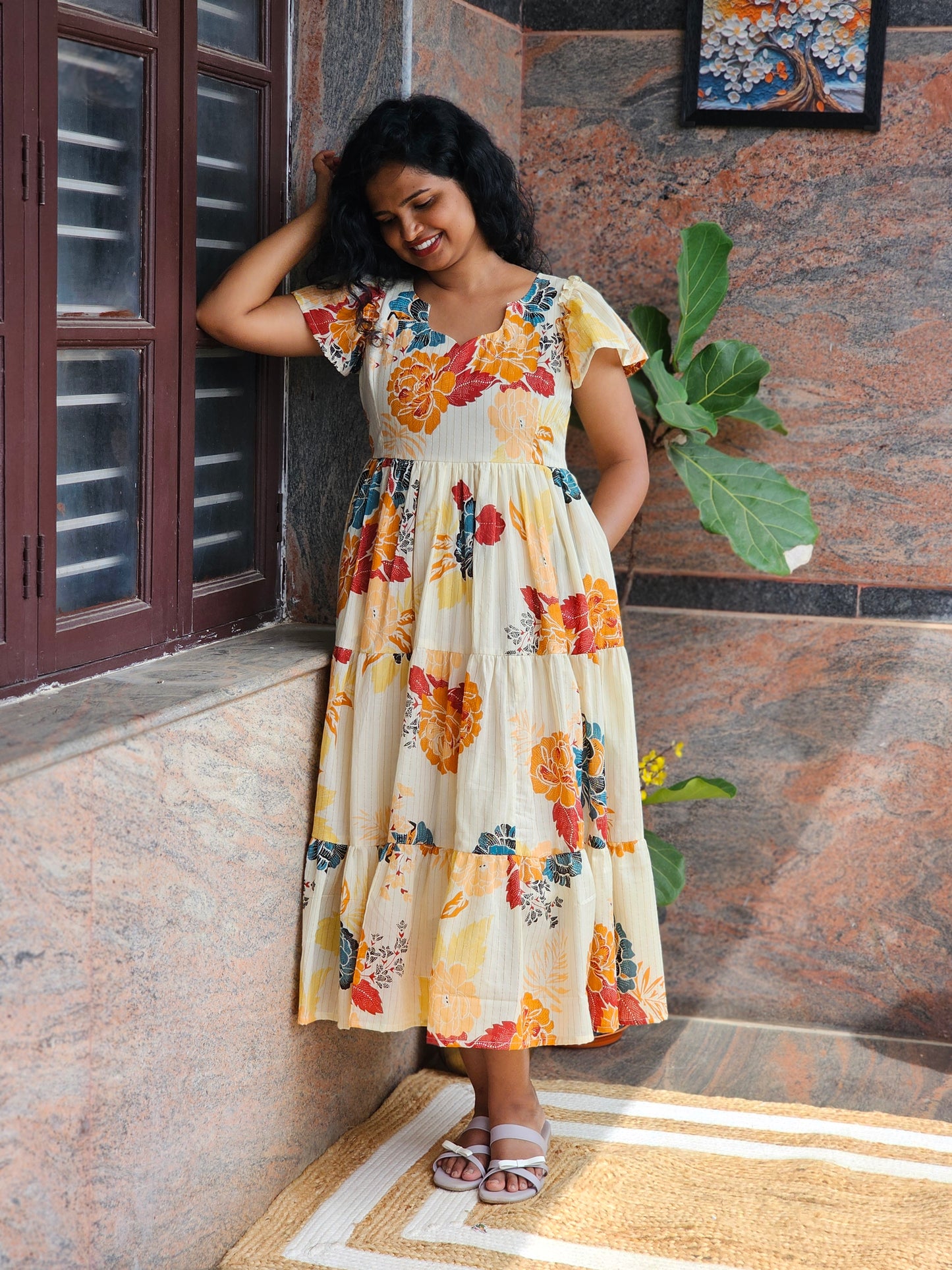 Golden Bloom Cotton Midi Dress