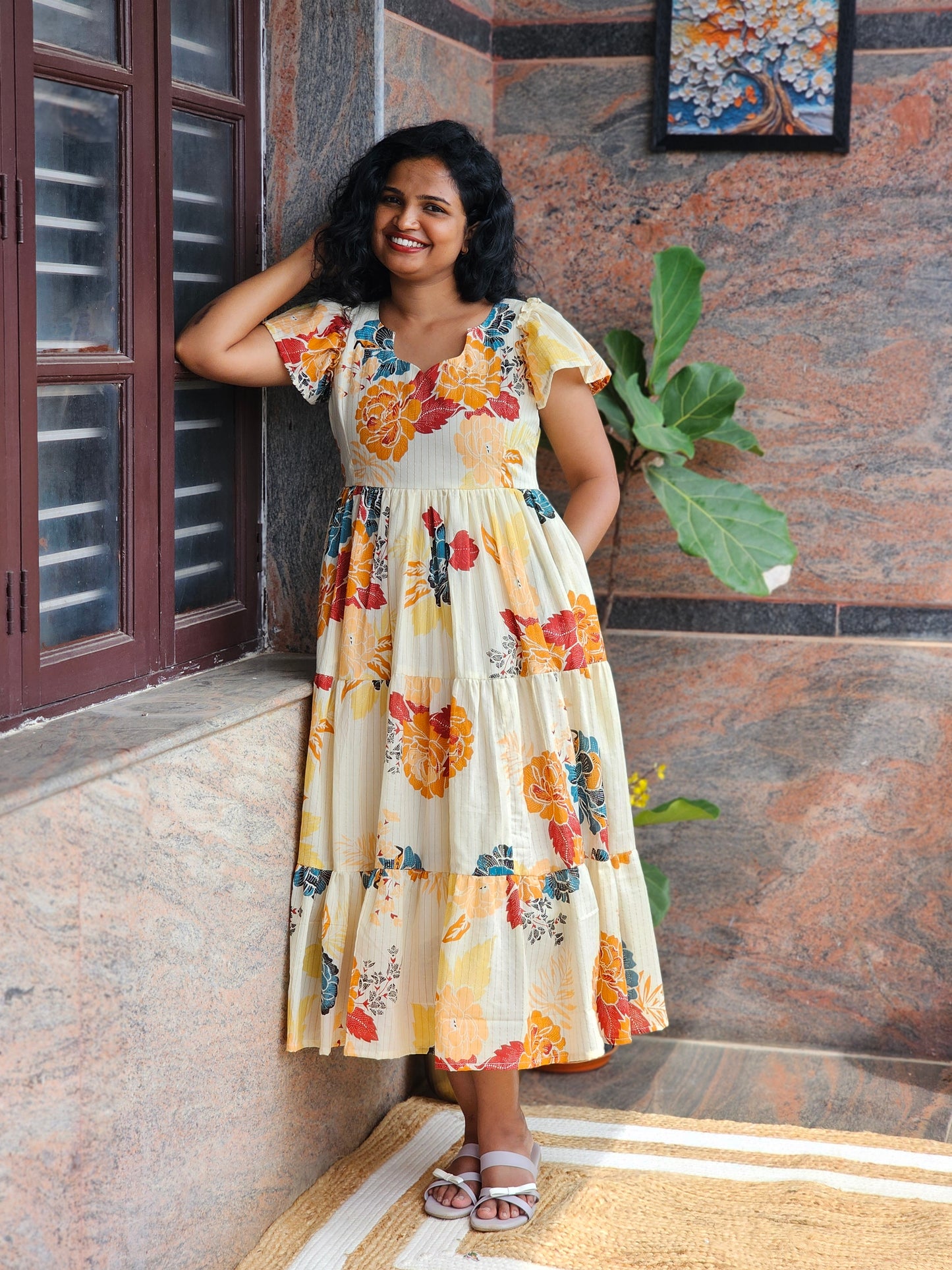 Golden Bloom Cotton Midi Dress