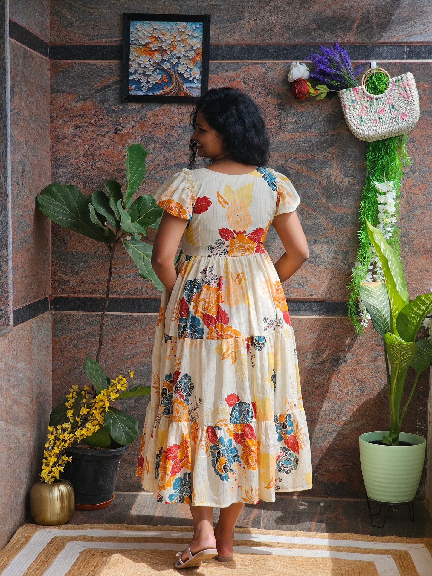 Golden Bloom Cotton Midi Dress