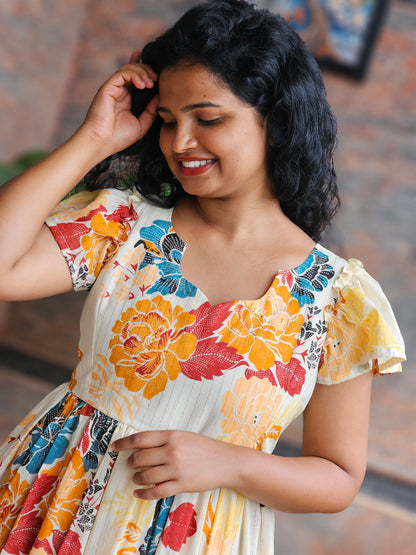 Golden Bloom Cotton Midi Dress