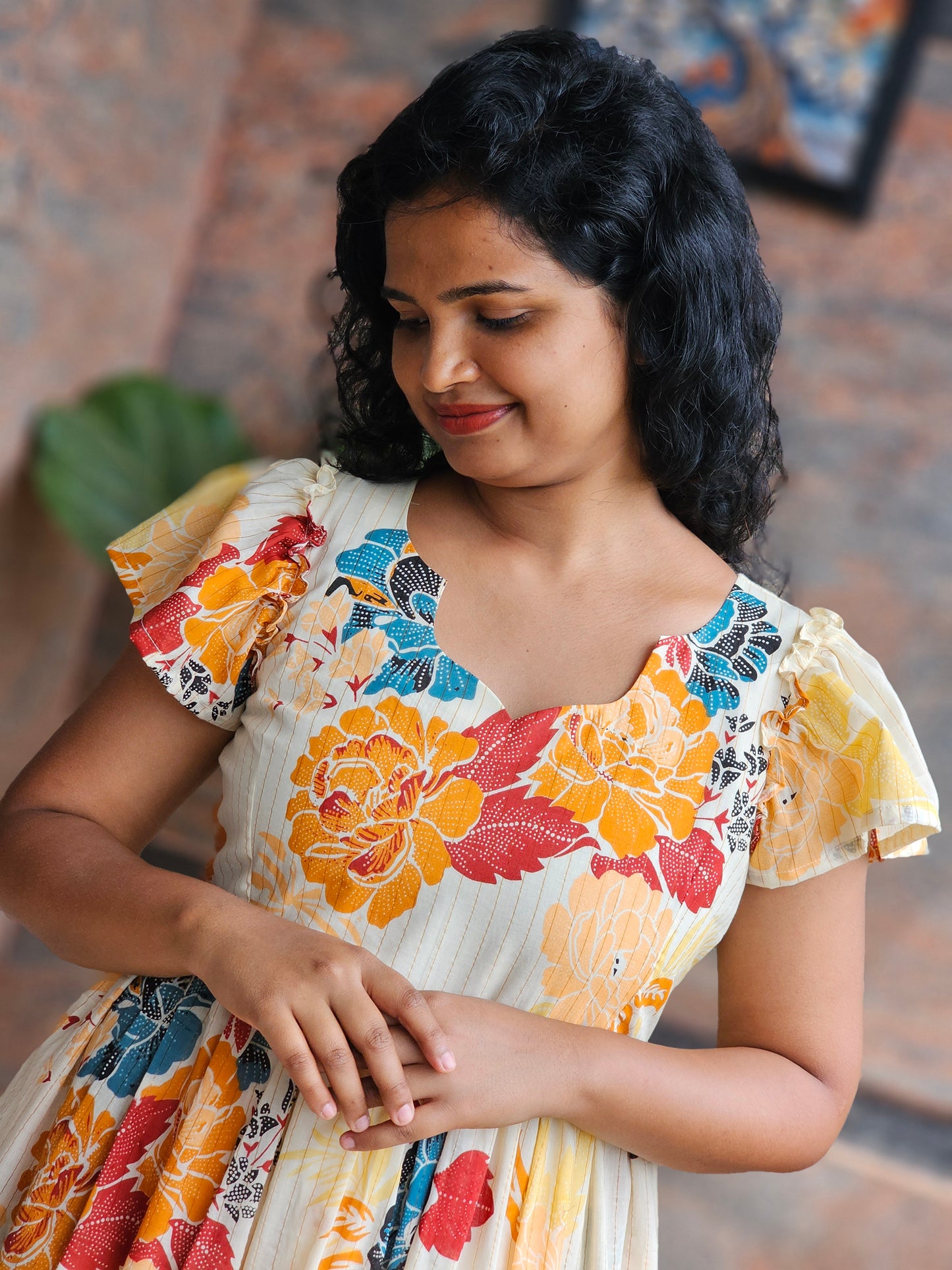 Golden Bloom Cotton Midi Dress