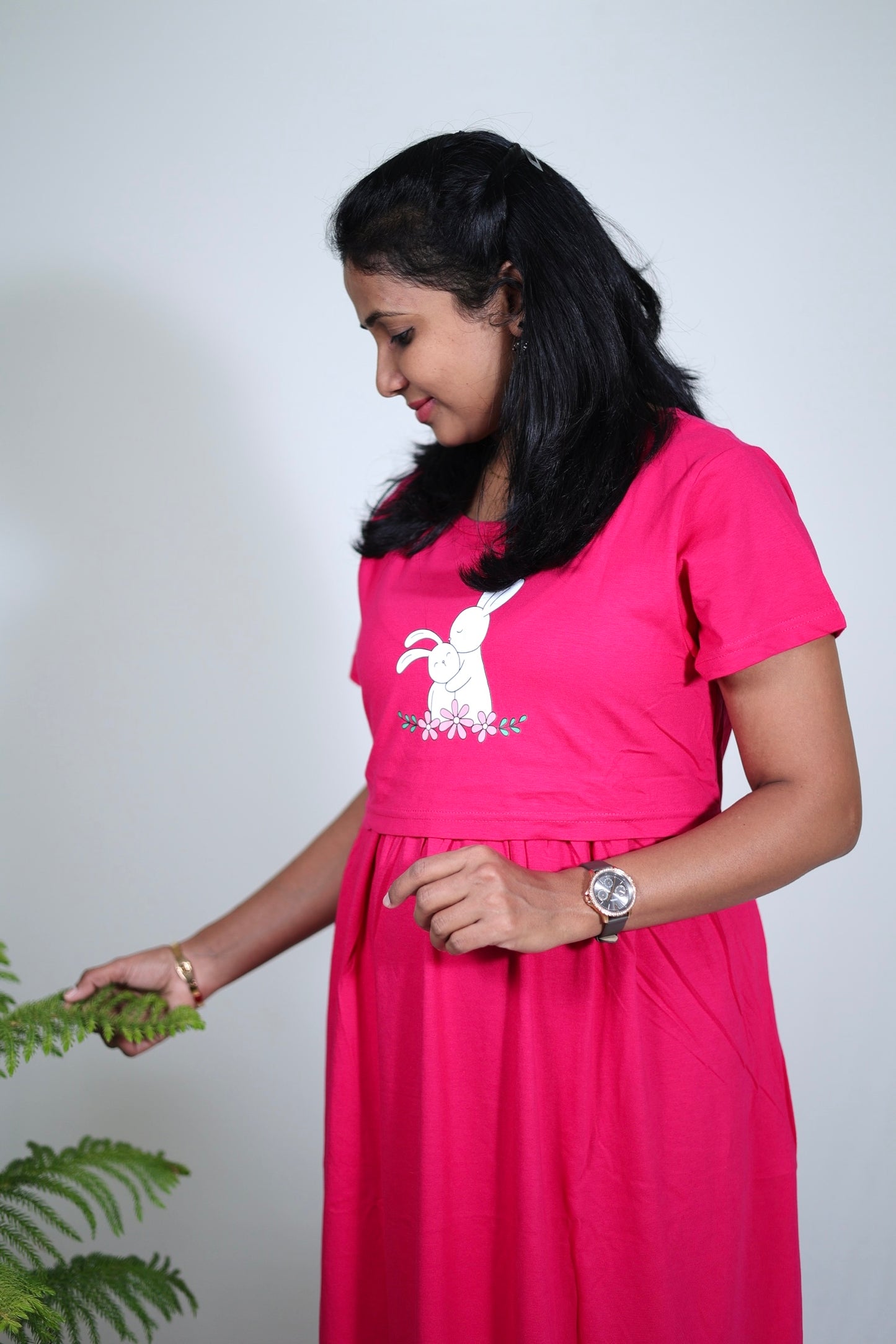 [2XL ONLY]- Pink Bunny Print Solid Maternity & Feeding Loungewear